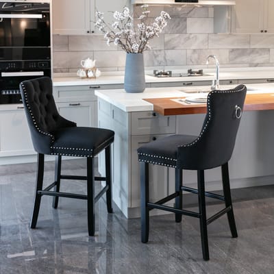 Moderne Velvet Barstoelen - Set van 2 - Knopen Tufted Decoratie - Houten Poten & Chrome Nailhead Trim - Zwart