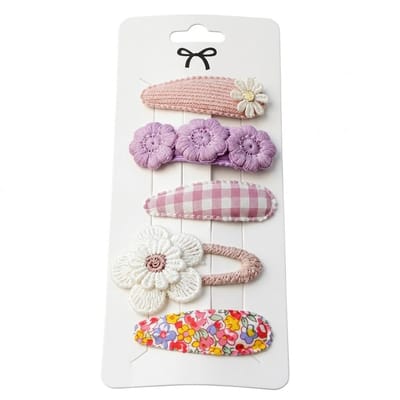 Roze en paarse haarspeldjes set voor meisjes – textiel haarspeldjes met bloemen – 5 stuks – diverse stoffen en borduurdetails – zachte pastel kleuren haar clips
