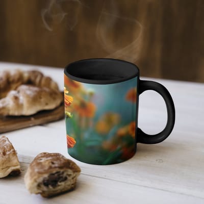 Magische Mok - Foto op Warmte Mokken - Koffiemok - Oranje bloemen - Levendig - Wazige achtergrond - Magic Mok - Beker - 350 ML - Theemok