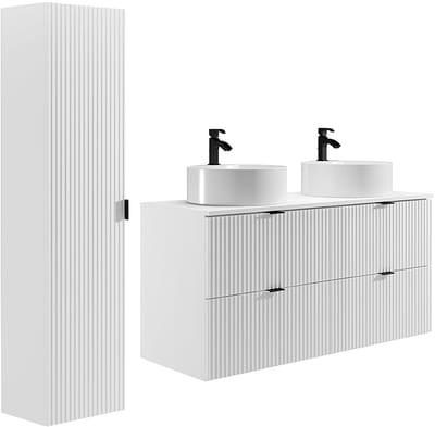 Vente-unique Zwevend badkamermeubel geribbeld met ronde opzet wastafel en kolomkast - Mat wit - 120 cm - ZEVINI