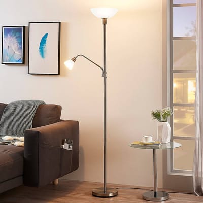 Lindby - vloerlamp - 2lichts - Metaal, polycarbonaat - H: 180 cm - E27 - satijn nikkel, mat wit