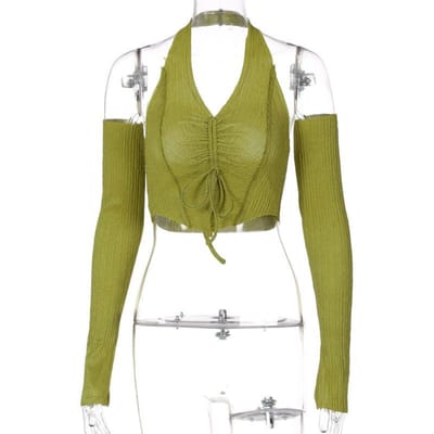 Y2K Halter Top met trekkoord + splitmouwen Dames Tops Sexy Cropped Navel Slim Fit Kort Avocadogroen Egirl Lente en zomer L groen