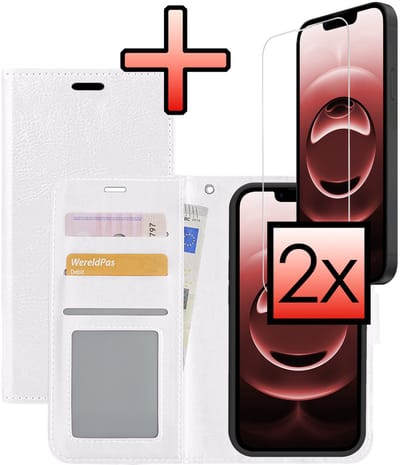 Hoesje - Met 2x Screenprotector - Geschikt voor Apple iPhone 16e / 17e - Luxe Pasjeshouder - Bookcase Portemonee - Flip Case - Kunstleer Book Case - Flipcase Hoes - Book Cover - Walletcase - Portemonneehoes - Wit