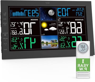 Weerstations Draadloos - Binnen Buiten Thermometer - Weer Monitoren - Atoomklok Tijd Sync - 7.6 Inch Kleurendisplay - Zwart