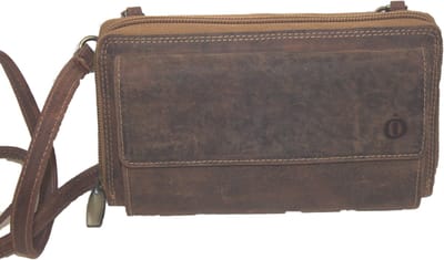 Oi Hunter bruine lederen dames beurs met schouderbandje / portemonnee-tasje voor dames met ruimte voor telefoon / portemonnee om om te hangen met vak voor mobiele telefoon / anti skim / bruin leer / 284H