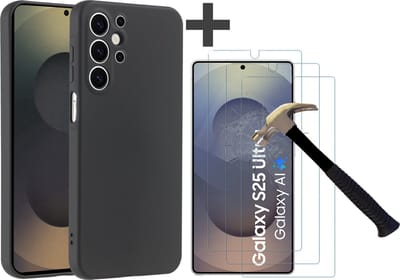 Hoesje geschikt voor Samsung Galaxy S25 Ultra hoesje zacht siliconen met 3 Stuks gehard glas Screenprotectors- Arara backcover - Zwart