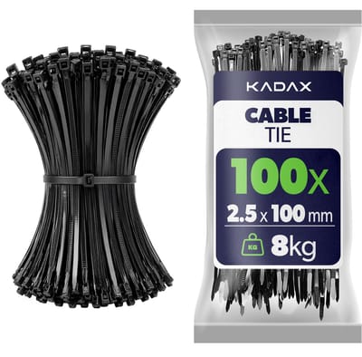 KADAX Kabelbinders 100mm x 2.5mm Zwart – set van 100 stuks, nylon kabelbinders met 8kg trekkracht voor veilig kabelbeheer in huis, tuin, werkplaats en kantoor