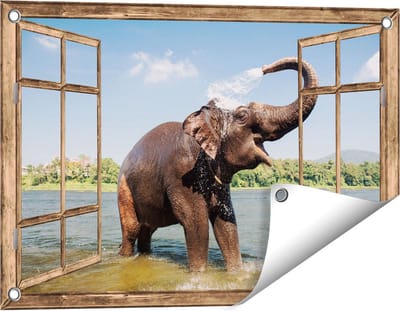 Gards Tuinposter Doorkijk Vrolijke Olifant in het Water - 60x40 cm - Tuindoek - Tuindecoratie - Wanddecoratie buiten - Tuinschilderij