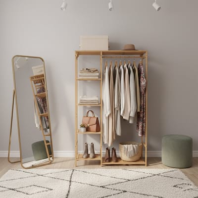 unho Bamboe Kledingrek met Planken - Kledinghangrail - Open garderobe - Kledingrek - met Gordijn - voor Woonkamer Slaapkamer Entree - 91 x 30 x 146 cm