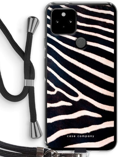 Case Company® - Hoesje met koord geschikt voor Google Pixel 5 hoesje met Koord - Zebra - Telefoonhoesje met Zwart Koord - Bescherming aan alle Kanten en Over de Schermrand