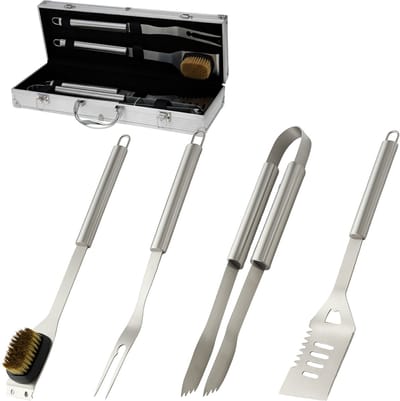 Lomera BBQ Gereedschapset – 4-Delig – Roestvrijstalen Set – Luxe Aluminium Koffer – BBQ-Tang – Vleesvork – Borstel met Krabber – Spatel – Tuin en Camping – Buiten Koken
