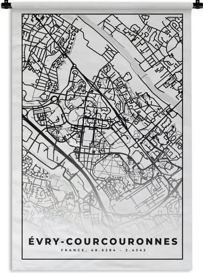 Wandkleed - Wanddoek - Stadskaart - Plattegrond - Évry-Courcouronnes - Kaart - Frankrijk - Zwart wit - 120x180 cm - Wandtapijt