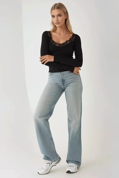 Slim Fit V-hals Gebreide Lange Mouwen Top met Kanten Details