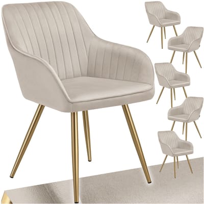 tectake® Eetkamerstoelen Marilyn - Set van 6 - Gestoffeerde Stoel in Fluweellook - Doorgestikt - Zwarte Stoelpoten - Ergonomische Keukenstoel - Doorlopende Rugleuning en Armleuningen - Stoel voor Woonkamer, Eetkamer, Slaapkamer - Taupe