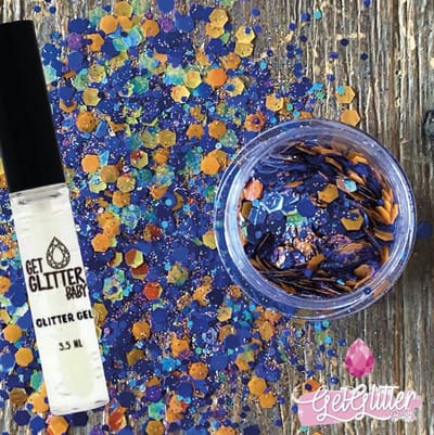 GetGlitterBaby® - Lampegat Glitter Blauwe Oranje Biologische / Eindhoven Biologisch afbreekbare Chunky Festival Glitters voor Lichaam en Gezicht / Biodegradable Face Body Skin Glue Carnaval Glitter Jewels Mix - Blauw met Lijm Gel HuidLijm
