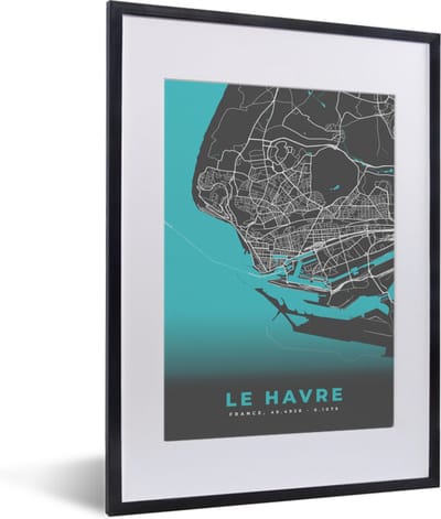 Fotolijst incl. Poster - Le Havre - Plattegrond - Stadskaart - Kaart - Frankrijk - 30x40 cm - Posterlijst
