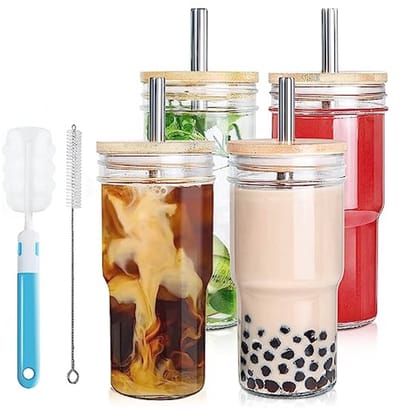 Glazen bekers met bamboe deksels en rietjes - 4-delige set voor cocktails, whisky en ijskoffie - ideaal als cadeau