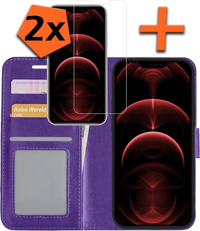 Hoes - Met 2x Screenprotector - Geschikt voor Apple iPhone 13 Mini - Luxe Pasjeshouder - Bookcase Portemonee - Flip Case - Kunstleer Book Case - Flipcase Hoes - Book Cover - Walletcase - PortemonneeHoes - Paars