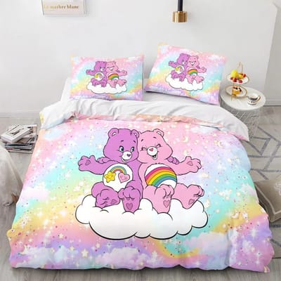 Dessin Animé Anime Bisounours Housse de Couette Ensemble Taie d'Oreiller Kawaii Bisounours Ensemble de Literie pour Enfants Décoration Taille Simple Double Queen King AU Single(140*210cm)3pcs