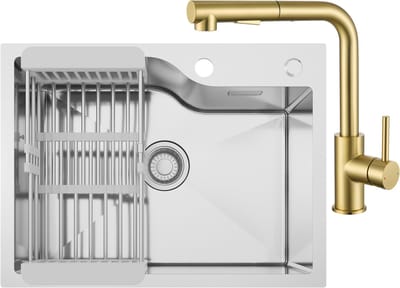 CECIPA max Spoelbak Keuken 60x45CM - Spoelbakken met Afdruiprek - Enkele spoelbak Met Goud Keukenkraan met Uittrekbare Uitloop - Incl. Sifon en Afvoerzeefje - RVS
