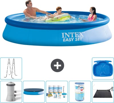 Intex Rond Opblaasbaar Easy Set Zwembad - 366 x 76 cm - Blauw - Inclusief Pomp - Afdekzeil - Onderhoudspakket - Filter - Solar Mat - Ladder - Voetenbad - 8-delig