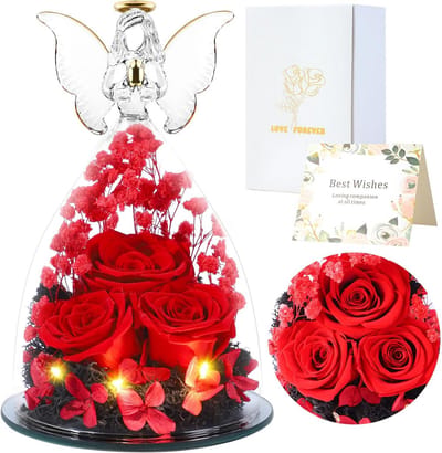 Engel met roos - Beschermengel figuur - Cadeau geven - Eeuwig bewaard - 13 cm hoog - Rood
