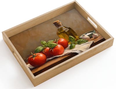 Dienblad hout 40x30 cm - Schootdienblad - Tomaten - Olijfolie - Stilleven - Borrelplank rechthoek - Plateau dienbladen