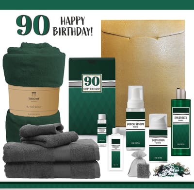 Geschenkset “90 Jaar Happy Birthday!” - 11 Producten - 2000 Gram | Giftset voor hem - Luxe wellness cadeaubox - Cadeau man Verjaardag - Veertig - Gefeliciteerd - Gift Ninety years - Party - Cadeaupakket Deluxe - Vriend - Verjaardagscadeau -Groen