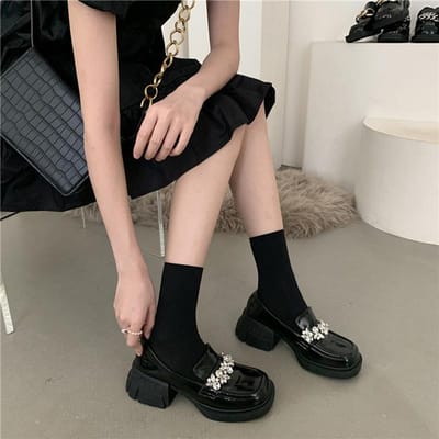 Damesschoenen met vierkante neus van klein leer Lente en zomer Japanse Jk Retro Mary Jane Enkelschoenen Dikke zool Hoge hak Britse loafers 38 zwart