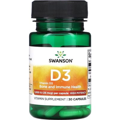 Vitamine D3, Hoge Potentie, 25 mcg (1.000 IE), 30 capsules