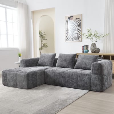 Moderne hoekbank, L-vormige bank, 3-zitsbank, geen installatie vereist, chenille bank met chaise longue en armleuningen, 3 kussens, zijvak voor afstandsbediening, grijs