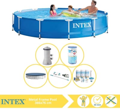 Intex Rond Frame Zwembad - 366 x 76 cm - Blauw - Inclusief Pomp - Afdekzeil - Onderhoudspakket - Filter - Stofzuiger - 6-delig