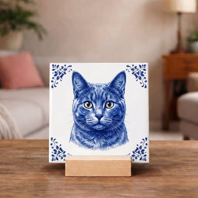Delftsblauw Tegeltje 11x11 Blauwe Kat – Cadeau voor Kattenliefhebber