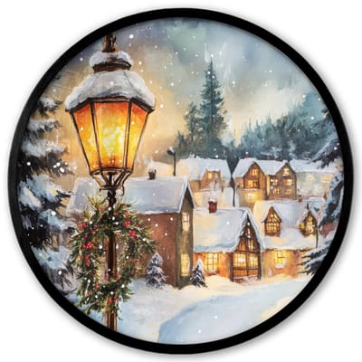 Poster in lijst Rond - Fotolijst 40x40 cm - Posters - Kerstdorp - Huizen - Sneeuw - Kerst - Ronde posterlijst zwart - Decoratie - Wanddecoratie woonkamer - Kerstdecoratie voor binnen - Kerstversiering - Kerstmis versiering in huis - Kerstaccessoires