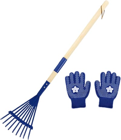 Kinder Hark - Tuin Hout - Buiten Spelen - Inclusief Handschoenen - 17 cm Breed - Paars Blauw