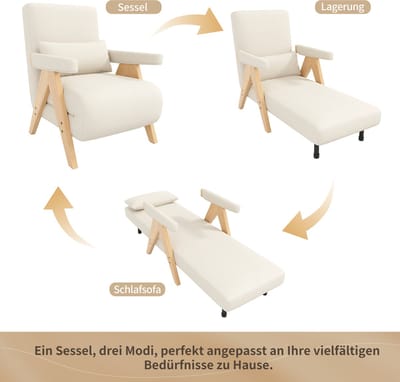3-in-1 verstelbare fauteuil met slaapfunctie - slaapbank - met kussenvouwstoel - loungestoel - eenpersoonsbed - houtkleur