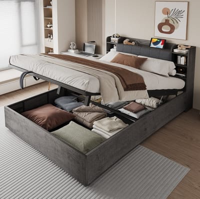 MIVRAY Bed 180x200 cm - Hydraulisch Opbergbed Met Hoofdbord en USB USB C Aansluiting - Zonder Matras - MDF - Grijs