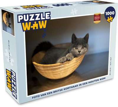 Puzzel Foto van een Britse korthaar in een houten kom - Legpuzzel - Puzzel 1000 stukjes volwassenen