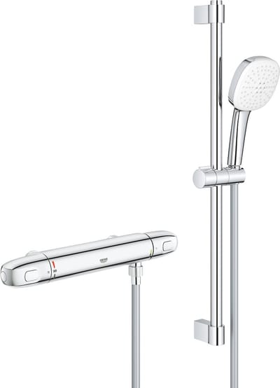 Grohe Grohtherm 1000 Doucheset - thermostatische douchekraan - HOH=15cm - met glijstangset - 60cm - vierkante handdouche - 2 straalsoorten - gladde doucheslang - chroom