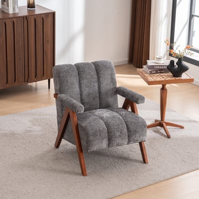 Fauteuil - Bouclé Accentstoel Met Armleuningen - Comfortabele Zachte Zitting - Voor Woonkamer En Slaapkamer - Hout En Stof - Grijs