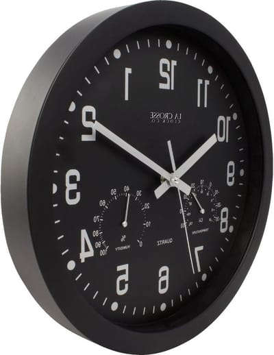 Analoge Klok - Wandklok Leerklok - Tijd Leren - Inclusief Thermometer Hygrometer - 12 Inch - Zwart
