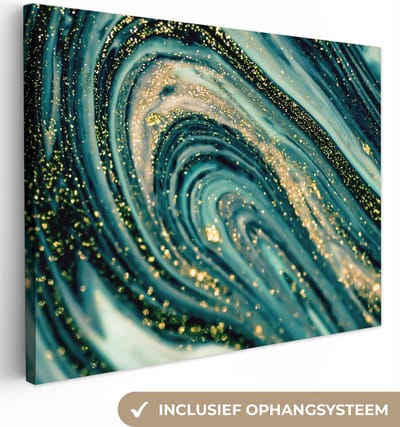 Canvas schilderij 40x30 cm - Wanddecoratie Marmerlook - Luxe - Goud - Turquoise - Glitter - Muurdecoratie woonkamer - Slaapkamer decoratie - Kamer accessoires - Schilderijen op canvas