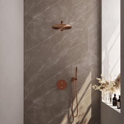 Brauer Copper Edition thermostatische inbouw regendouche 3-weg rond SET 74 met 30 cm douchekop en rechte muurarm en staaf handdouche en doucheslang en wandaansluitbocht koper geborsteld PVD