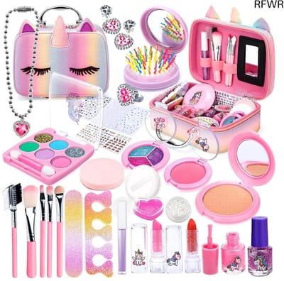 RFWR® Kinderschminkset voor meisjes, 31 stuks, afwasbaar, make-upkoffer, cadeau voor kleine prinsessen