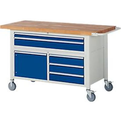 Werkbank serie 8922, verrijdbaar, 5 schuifladen, 2 legborden met deur, B 1500 x D 700 x H 880 mm