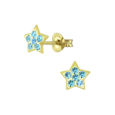 Joy|S - Zilveren ster oorbellen - 6 mm - kristal blauw - gold plated