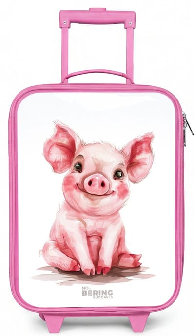 NoBoringSuitcases.com® - Kinderkoffer roze - Kindertrolley meisje - Roze baby varken - Koffer kind lichtgewicht - Reiskoffer trolley voor kinderen - Koffertje met lichtgevende wieltjes - Rolkoffer