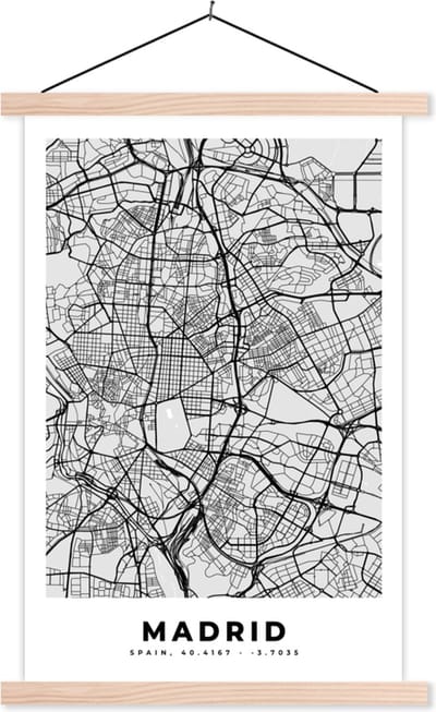 Posterhanger incl. Poster 40x60 cm - Schoolplaat - Madrid - Zwart Wit - Stadskaart - Plattegrond - Kaart - Textielposter - Blanke latten - Stadskaart