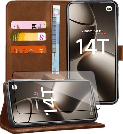 Hoesje geschikt voor Xiaomi Redmi 14T / 14T Pro - Screenprotector Glas - Portemonnee Book Case Bruin