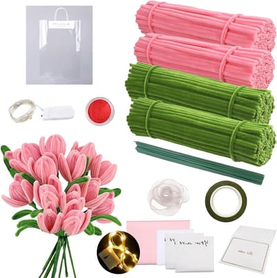 Tulpenbloemen Boeket Set voor Creatieve Knutselprojecten met Groene Stelen, Lijm, Kaarten en Versieringen